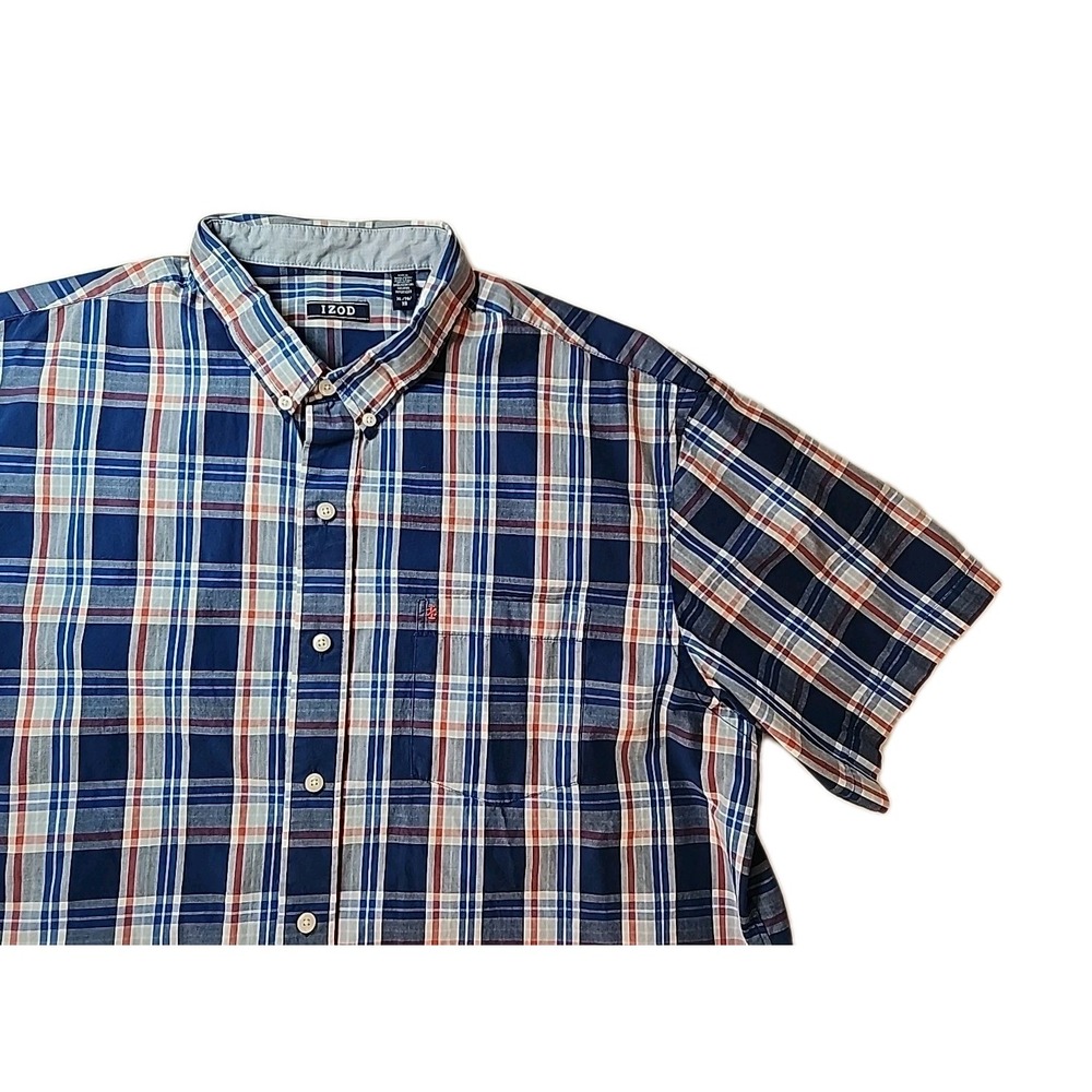 IZOD Men's XL Blue/White Plaid Short Sleeve 100% Cotton Casual Button Down Fresh